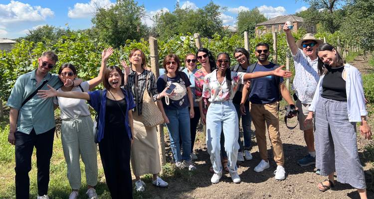 Groupe de touristes heureux agitant la main en se tenant parmi les rangées de vignobles sous un ciel d'été bleu