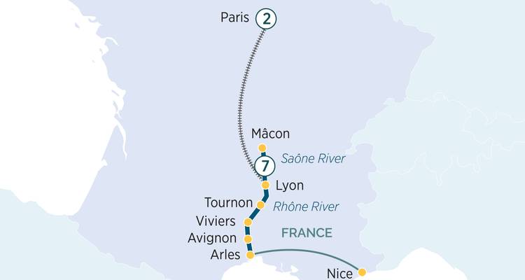 Kombinierte Paris- und Rhône-Flusskreuzfahrtsroute auf einer Karte über Ostfrankreich.