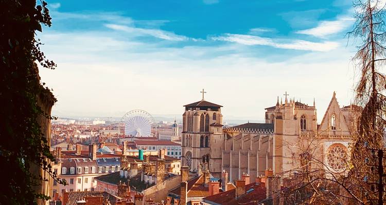 Skyline of historic rooftops, a cathedral and distant Ferris wheel under a blue sky viewed from a leafy hillside.