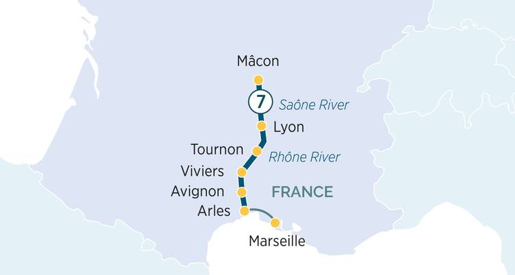 Graphic map illustrating travel stops between Mâcon and Arles along French rivers.