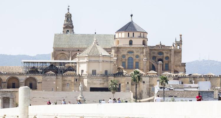 Distant view of the Mezquita-Cathedral complex rising above Córdoba's old city walls on a hazy day.