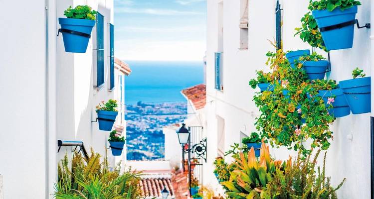 Ruelle méditerranéenne d'un blanc éclatant décorée de rangées de pots de fleurs bleus et offrant une vue sur la mer au loin
