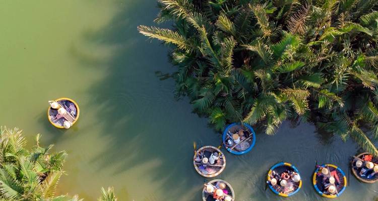 Mehrere runde Körbe schwimmen auf smaragdgrünem Wasser neben üppigen Palmen, während ein einsames Boot sich entfernt.