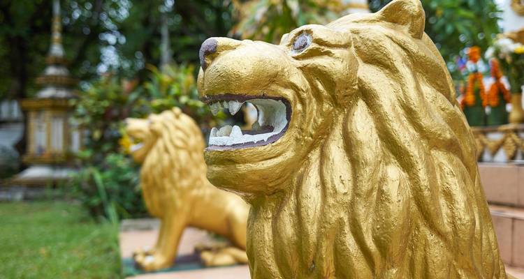Nahaufnahme einer goldenen Löwenstatue mit einer weiteren unscharfen im Hintergrund auf dem Tempelgelände