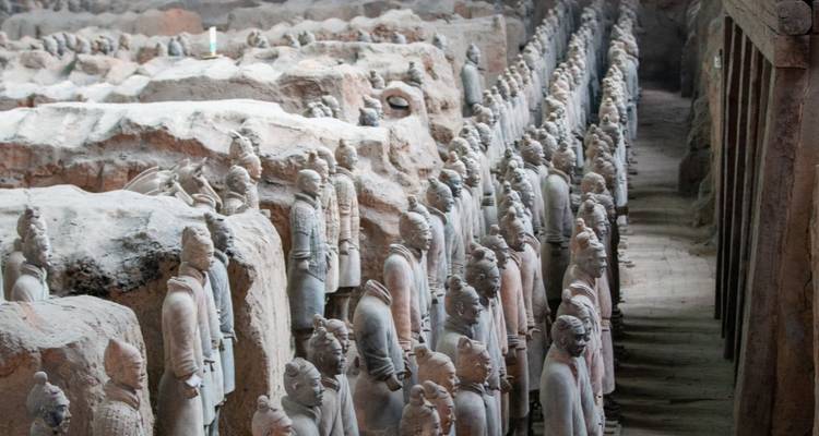 Rijen Terracotta Krijgers staan in uitgegraven greppels binnen een groot putmuseum.