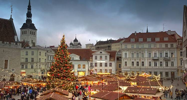 Tallinn Town Hall Square packed with visitors enjoying a large Christmas tree and illuminated market huts at dusk.