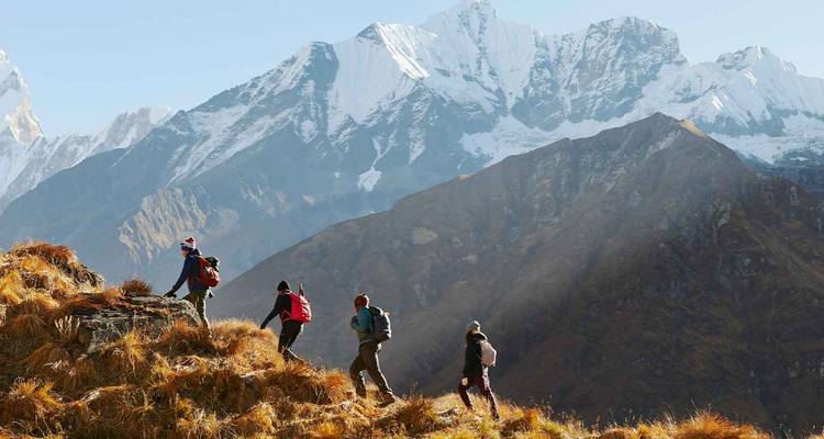 Four trekkers ascend a grassy ridge with snow-clad Himalayan peaks towering above.