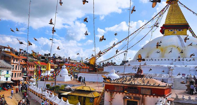 Escena vibrante de la Estupa de Boudhanath adornada con banderas de oración y bandadas de palomas contra un cielo brillante.