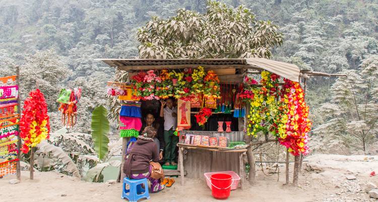 Un pequeño puesto al borde del camino decorado con guirnaldas brillantes y snacks frente a un exuberante telón de fondo de bosque mientras una mujer compra.