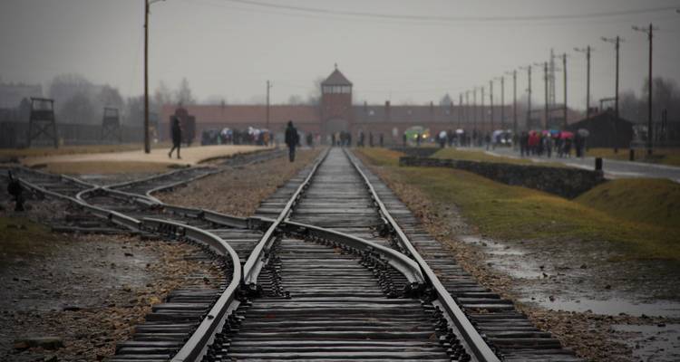Rain-soaked railway tracks leading to the entrance of Auschwitz-Birkenau with visitors in the distance