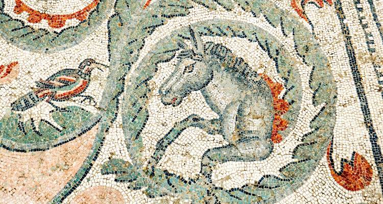 Close-up van een gedetailleerd Romeins mozaïek met dieren en vervaagde maar ingewikkelde tegelwerk.