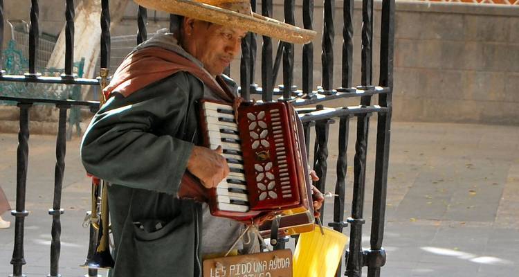 Street musician in sombrero playing accordion beside wrought-iron fence in Mexico