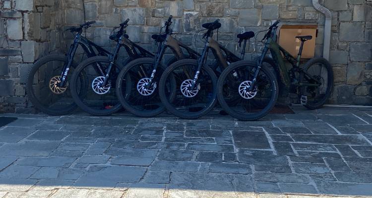 Rij met mountainbikes tegen een stenen muur geparkeerd klaar voor rijders.