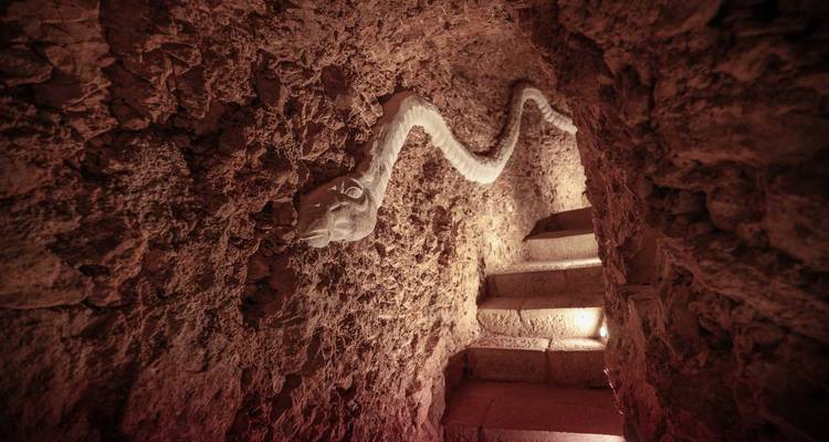 Escalera de piedra con poca luz y una cabeza de serpiente esculpida que serpentea por la pared.
