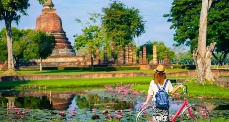 Cyclist with backpack overlooking a lotus pond and ancient stupa in a green historical park.