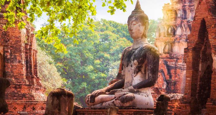 Weathered stone Buddha statue sitting among ancient brick ruins shaded by trees in Ayutthaya.