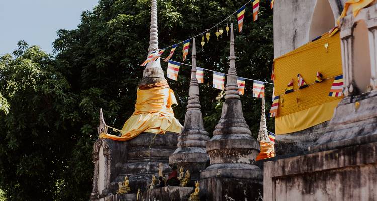 Grijzen stenen stupas versierd met saffraan kleurige doeken en gebedsvlaggen staan voor bladrijke bomen.