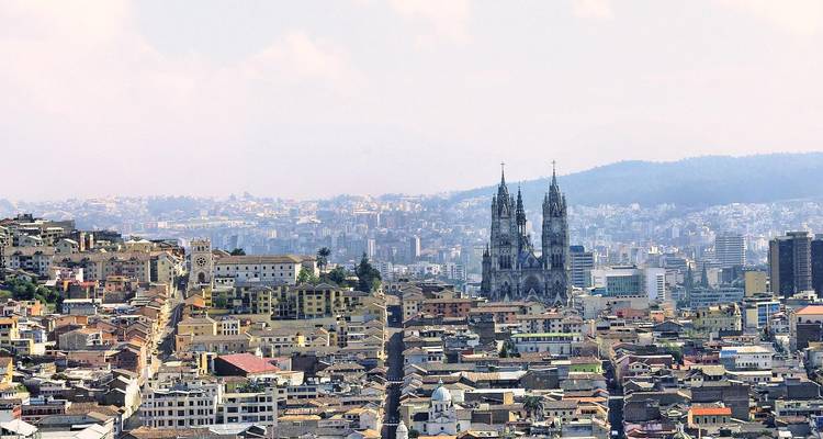 Stadtbild einer ausgedehnten Stadt in großer Höhe mit einer doppeltürmigen gotischen Basilika, die über terrakottafarbenen Dächern aufzuragen.