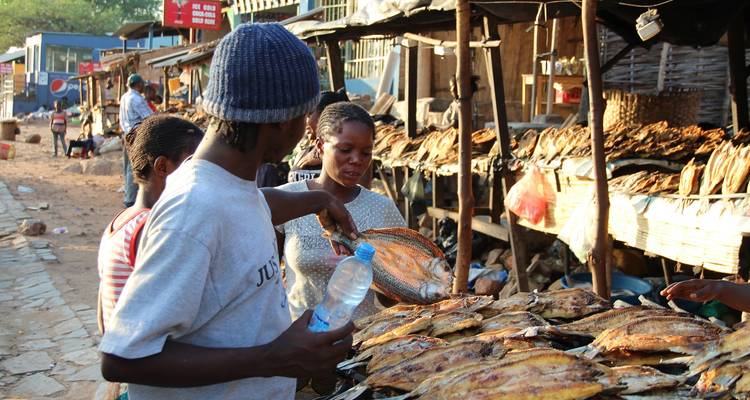 Scène de marché local où les vendeurs exposent du poisson fumé tandis que les clients parcourent les étals et négocient.