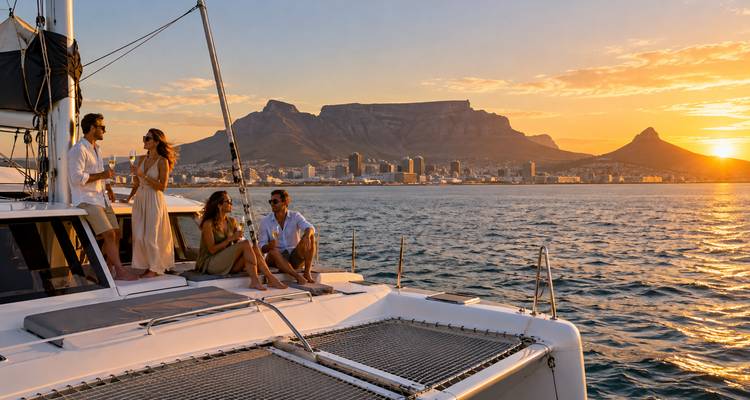 Vrienden genieten van drankjes op het dek van een catamaran bij zonsondergang met de Tafelberg op de achtergrond.