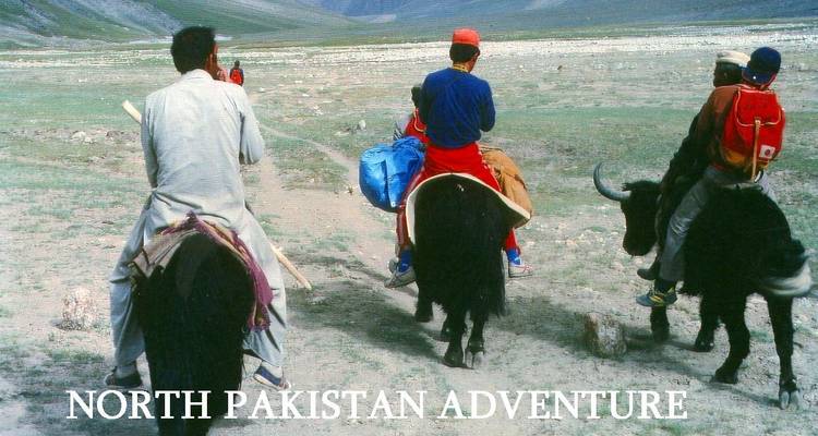 Riders on yaks cross a stony plain in North Pakistan; large overlay text reads 'NORTH PAKISTAN ADVENTURE'.
