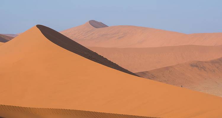 Las dunas de arena naranja se extienden y curvan bajo un cielo azul sin nubes en el desierto.