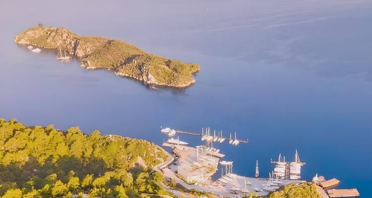 Zachte gouden luchtfoto van een klein bosrijk eilandje en een nabijgelegen jachthaven in de schemering.
