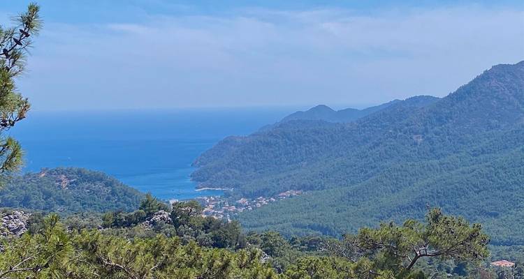 Uitzicht op bergkam met uitzicht over beboste dalen naar een afgelegen kustdorp en blauwe zee.