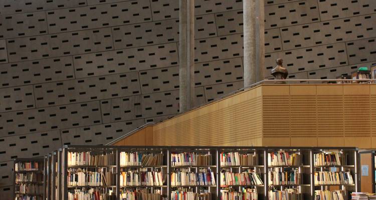 Les étagères bordent le mur sous le béton motifé de la bibliothèque moderne d'Alexandrie.