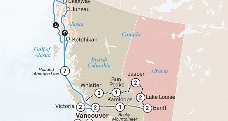 Cruise and rail map through western Canada and Alaska featuring Vancouver, Banff and Inside Passage ports.