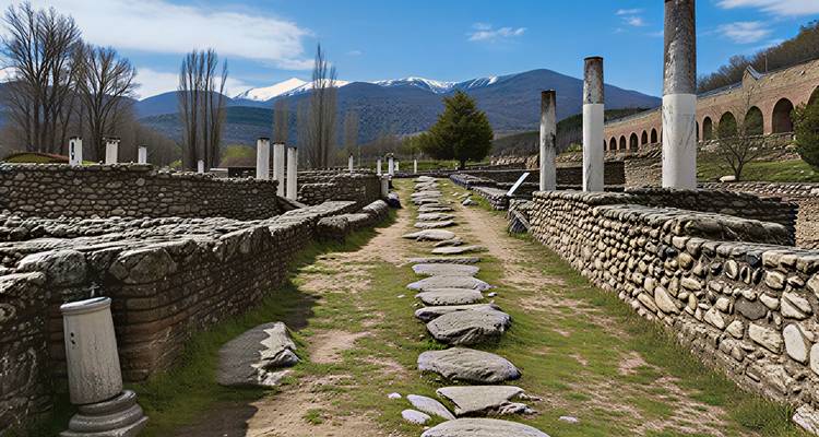 Straight ancient Roman street lined with columns leading to snowy mountain peaks.