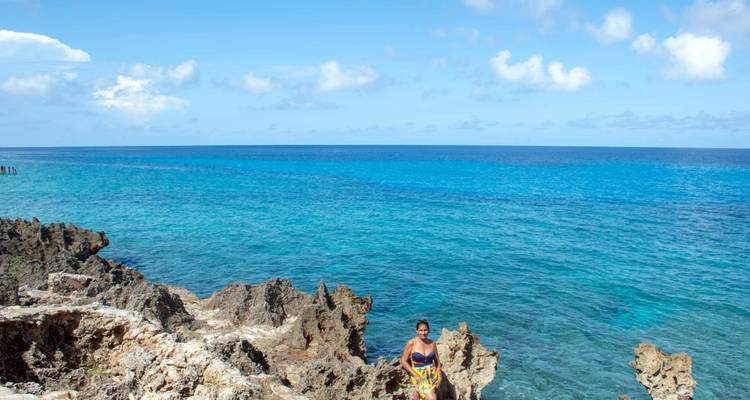 Turquoise Caribbean waters meet a rocky shoreline where a lone swimmer stands on the rocks.