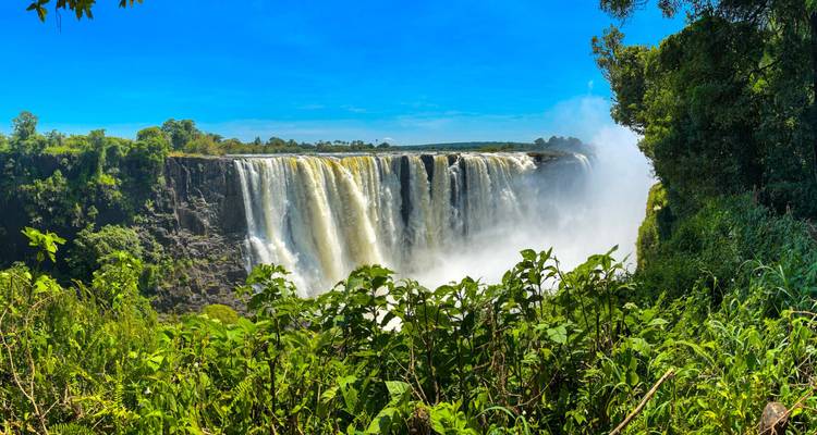 Amplio telón de las Cataratas Victoria visto a través de un exuberante follaje verde en un día soleado