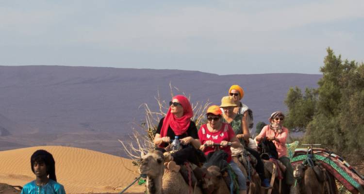 Close-up of tourists riding camels with desert hills in background, slightly out of focus.