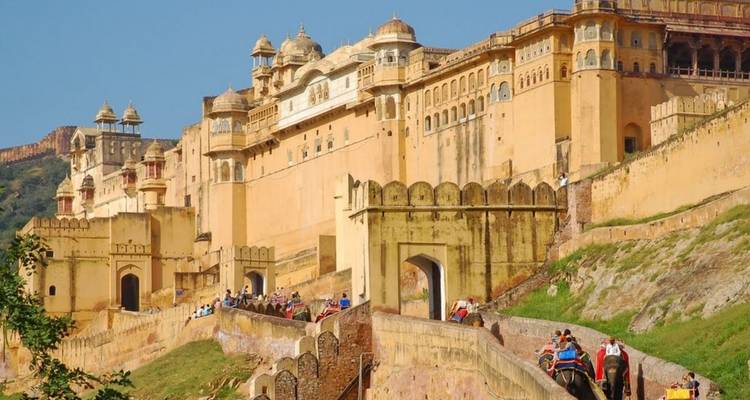 The vast yellow ramparts of Amber Fort cascade down a rugged hillside under blue sky.