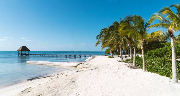 Pristine white-sand beach lined with palms and a wooden pier hut over turquoise water near Cancun.