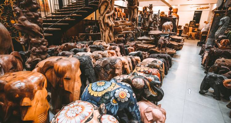 Winkelinterieur bekleed met handgesneden houten olifantbeelden en dierenfiguren