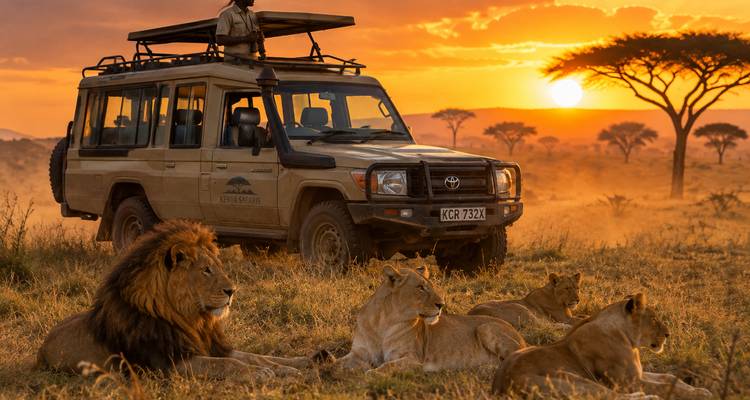 Pride of lions rests in golden savannah grass beside a safari vehicle at dramatic sunset.