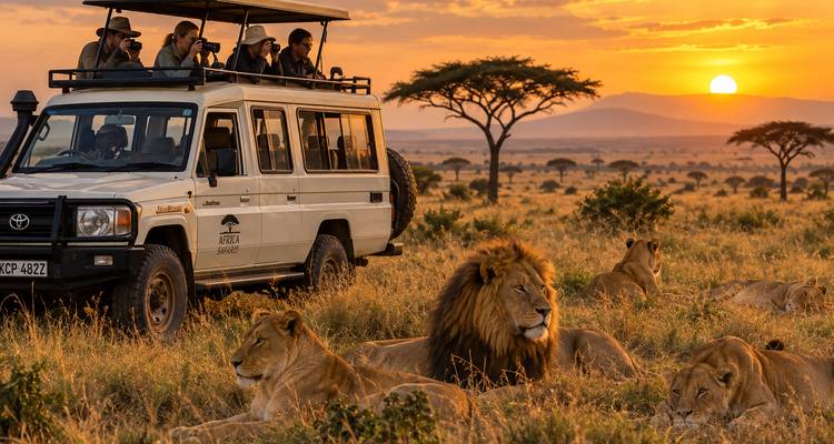 Tourists on roof of safari jeep observe a majestic male lion and pride with blazing sunset backdrop.