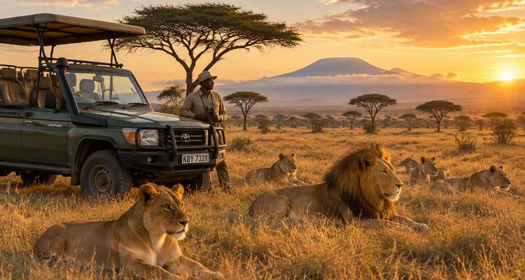 Lion pride lounges before Mount Kilimanjaro as ranger stands by safari vehicle in golden light.