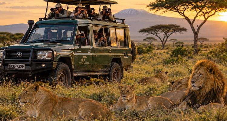Photographers on green safari jeep watch lions against Kilimanjaro’s snowy peak at spectacular sunset.