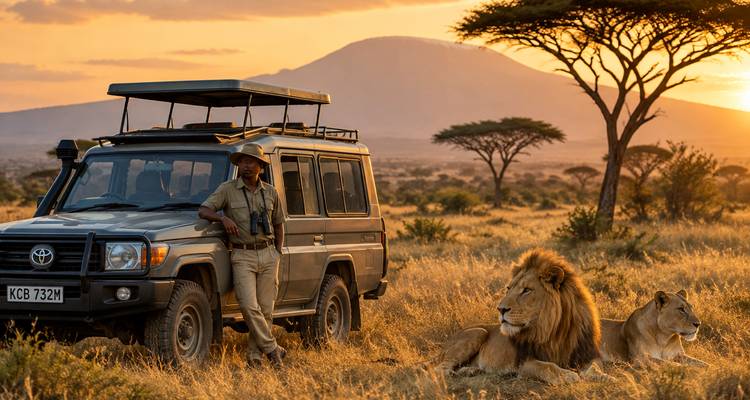 Ranger leans against safari vehicle beside resting lions with Kilimanjaro silhouetted at sunset.