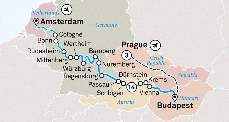 Route map highlighting a river cruise itinerary from Amsterdam to Budapest across central Europe.