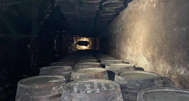 Pasillo tenuemente iluminado con barriles de madera apilados en una bodega portuaria, con luz cálida al fondo.