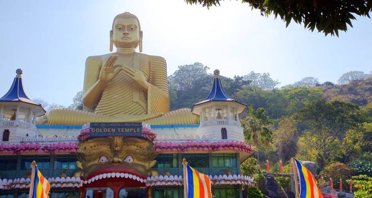 Gigantische gouden zittende Boeddha van de Dambulla Golden Temple tegen heldere lucht