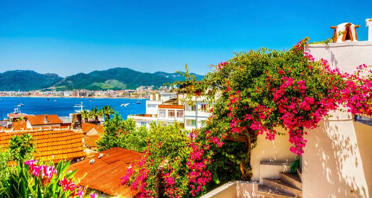 Bougainvillea-covered terrace overlooking red rooftops and a sparkling bay backed by green hills.