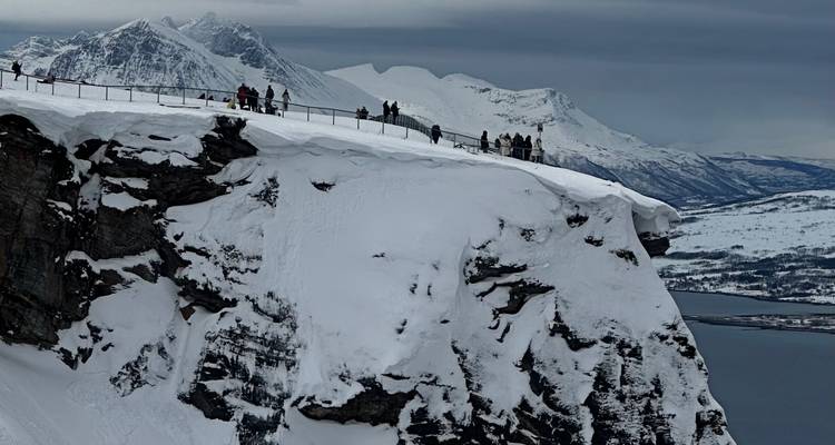 Visitors stand along a railing on a dramatic snow-covered cliff overlooking a wide fjord and jagged mountains.