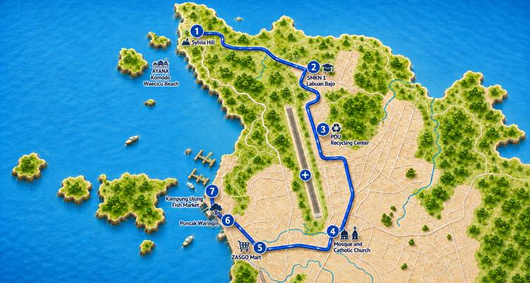 Illustrated map showing a sightseeing route around Labuan Bajo with numbered stops and coastal details.