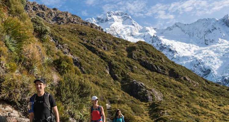 Les routards cheminent le long d'un sentier alpin avec le Mont Cook enneigé qui s'élève majestueusement au-dessus de versants verdoyants.