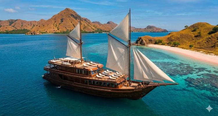 Luxurious wooden sailing yacht cruising near a pristine island with pink sand and rugged hills